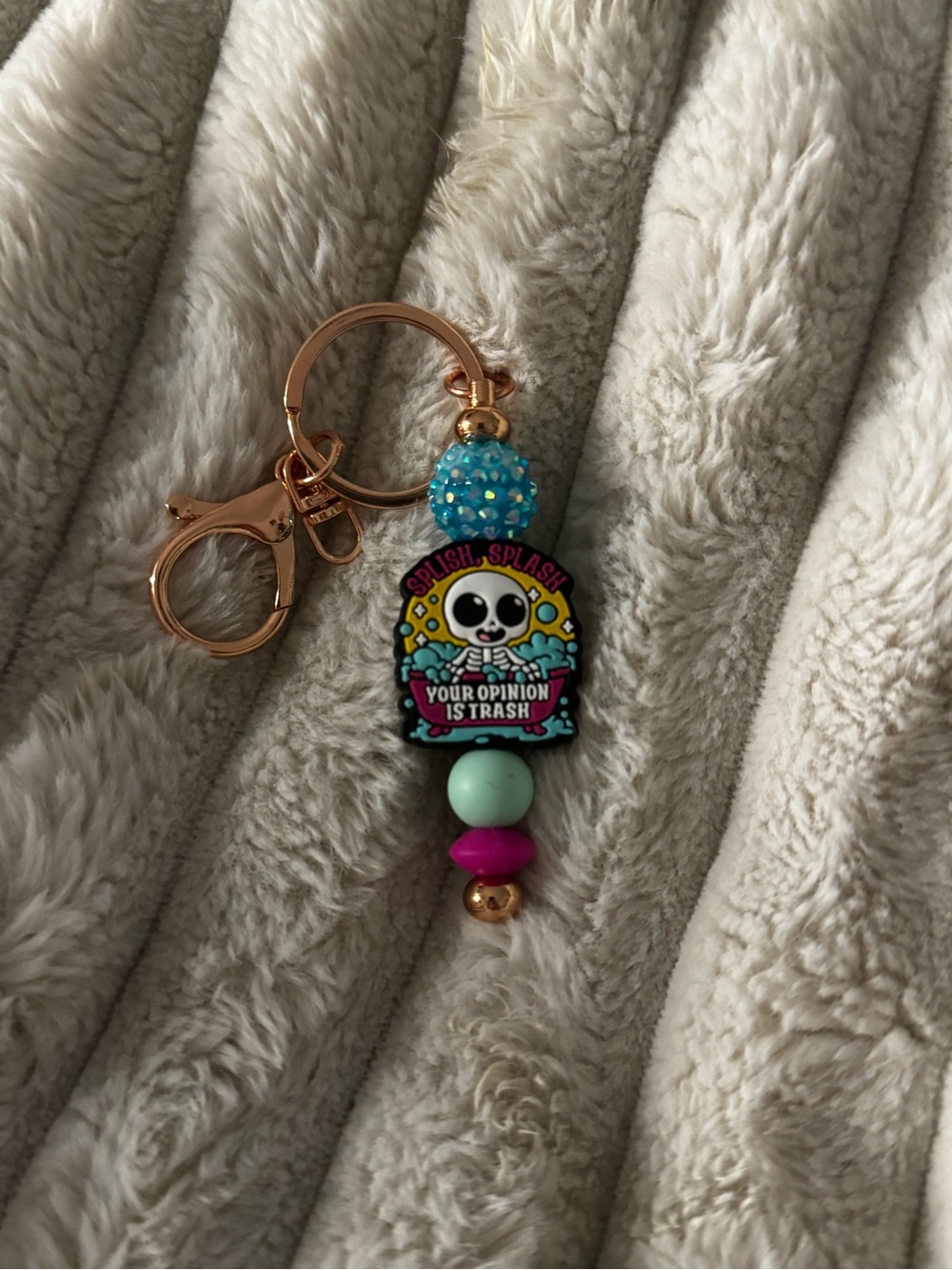 Gold-tone Keychain with Turquoise, Mint & Pink Beads